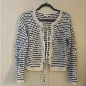 Cream and Light Blue Open-Knit Tie-Front Cardigan